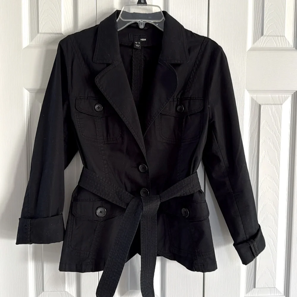H&M Women's Rich Black Cotton-Blend Belted Waist Utility-Style Jacket - Size 14 - Picture 2 of 11